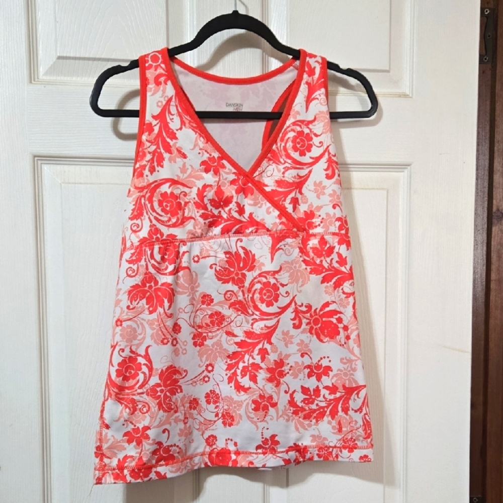 Danskin Peach and White Floral Tank Top Or Swim Top